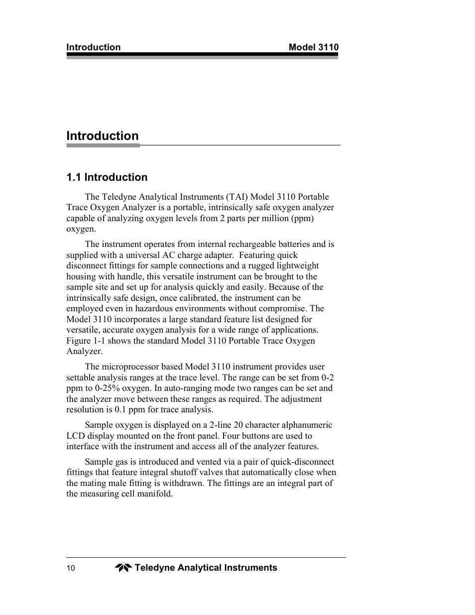 Introduction | Teledyne 3110 – Portable Trace/Percent Oxygen Analyzer, unapproved version User Manual | Page 10 / 52