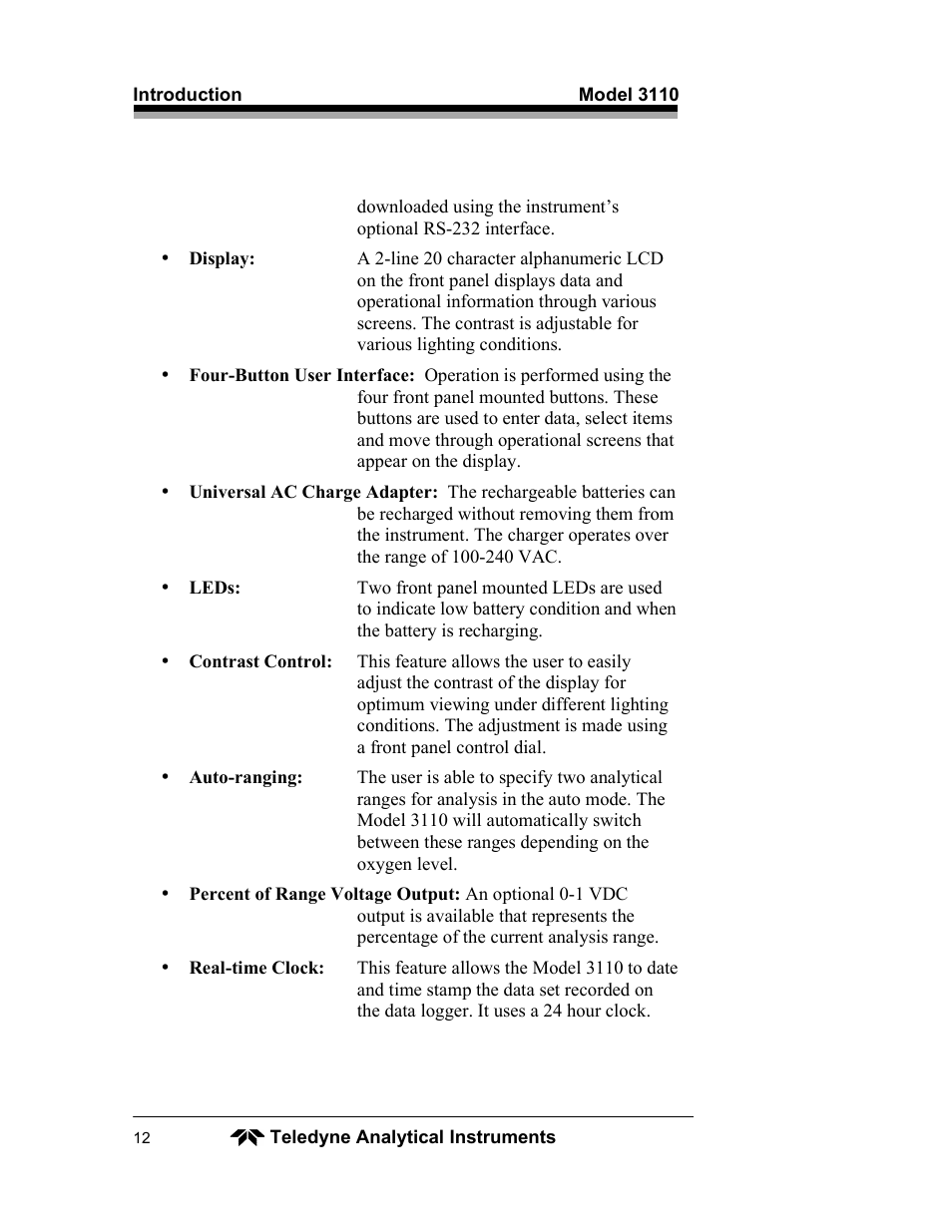 Teledyne 3110 – Portable Trace/Percent Oxygen Analyzer, unapproved version User Manual | Page 12 / 52
