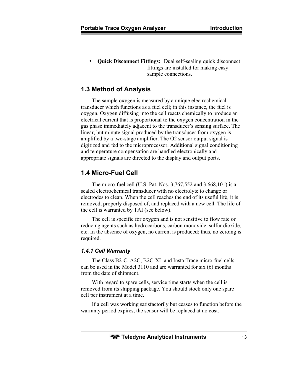 Teledyne 3110 – Portable Trace/Percent Oxygen Analyzer, unapproved version User Manual | Page 13 / 52