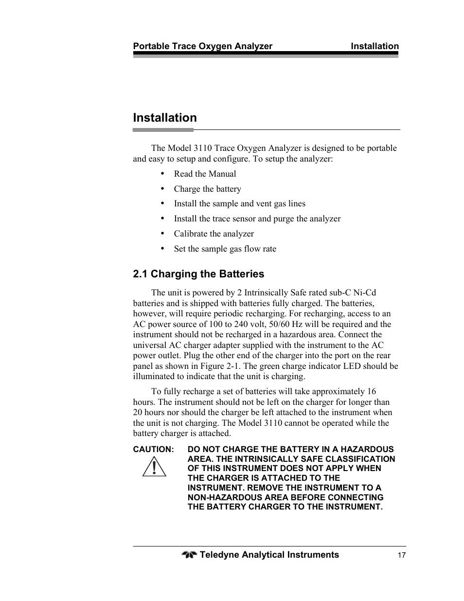 Installation | Teledyne 3110 – Portable Trace/Percent Oxygen Analyzer, unapproved version User Manual | Page 17 / 52