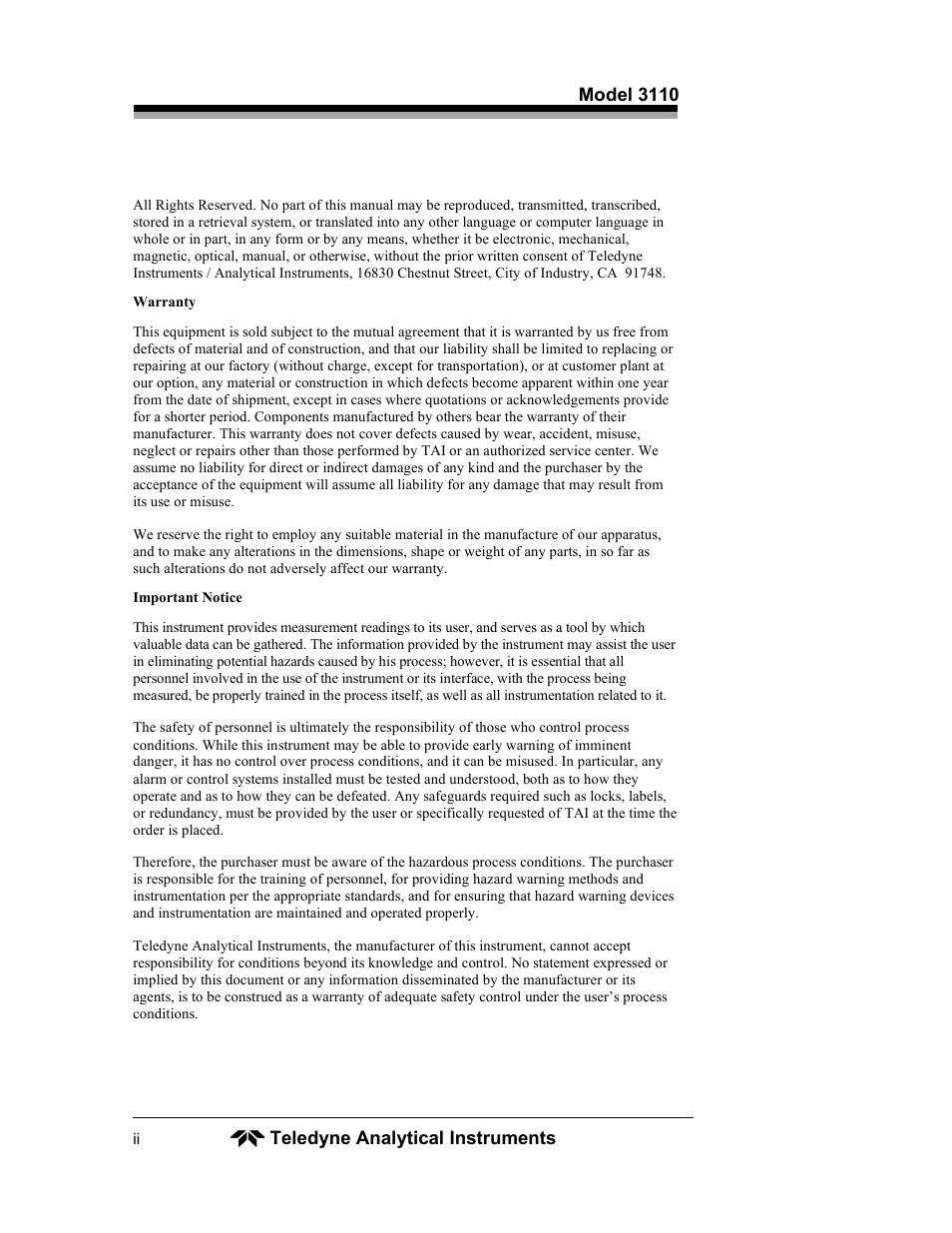 Teledyne 3110 – Portable Trace/Percent Oxygen Analyzer, unapproved version User Manual | Page 2 / 52