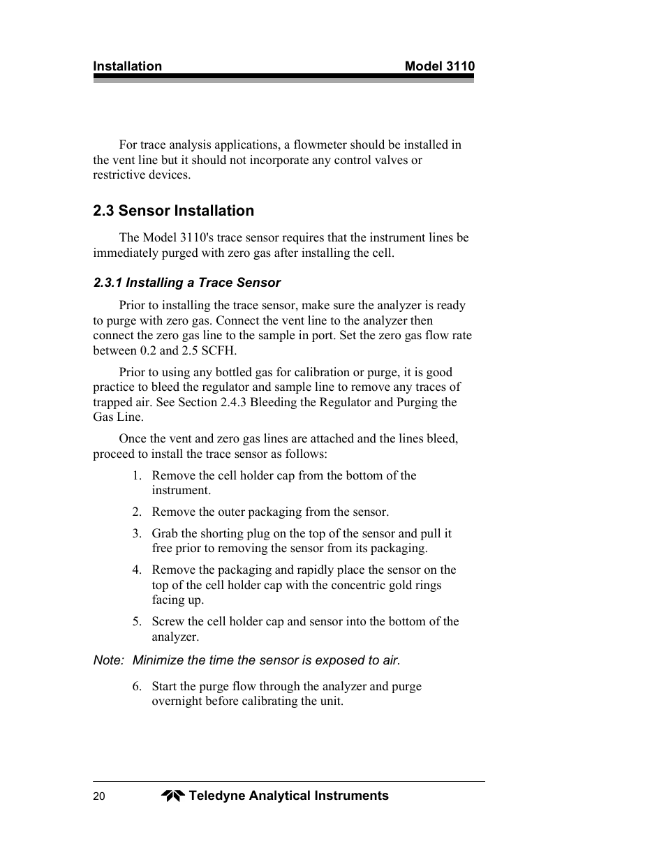 Teledyne 3110 – Portable Trace/Percent Oxygen Analyzer, unapproved version User Manual | Page 20 / 52