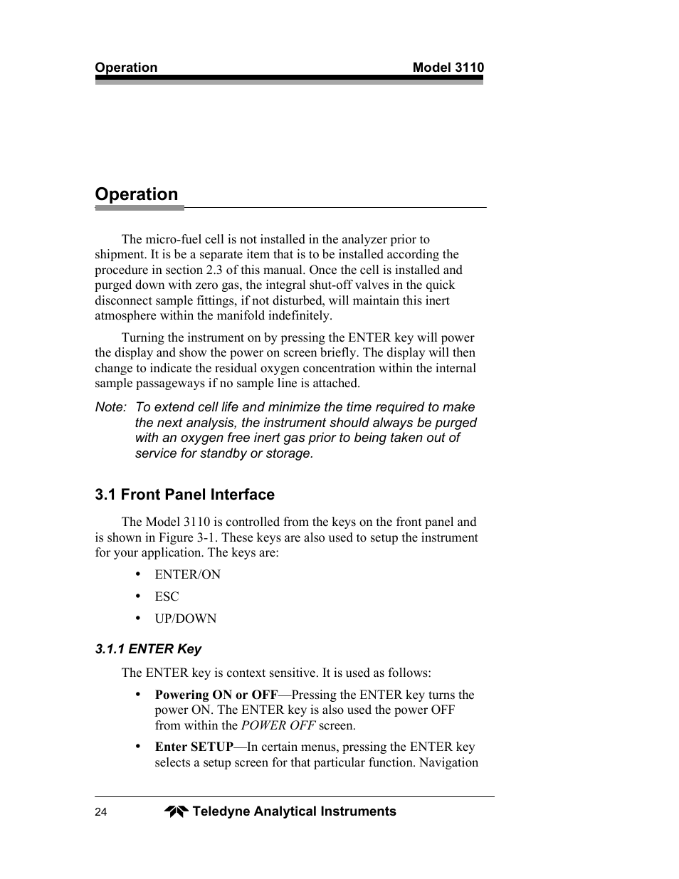 Operation | Teledyne 3110 – Portable Trace/Percent Oxygen Analyzer, unapproved version User Manual | Page 24 / 52