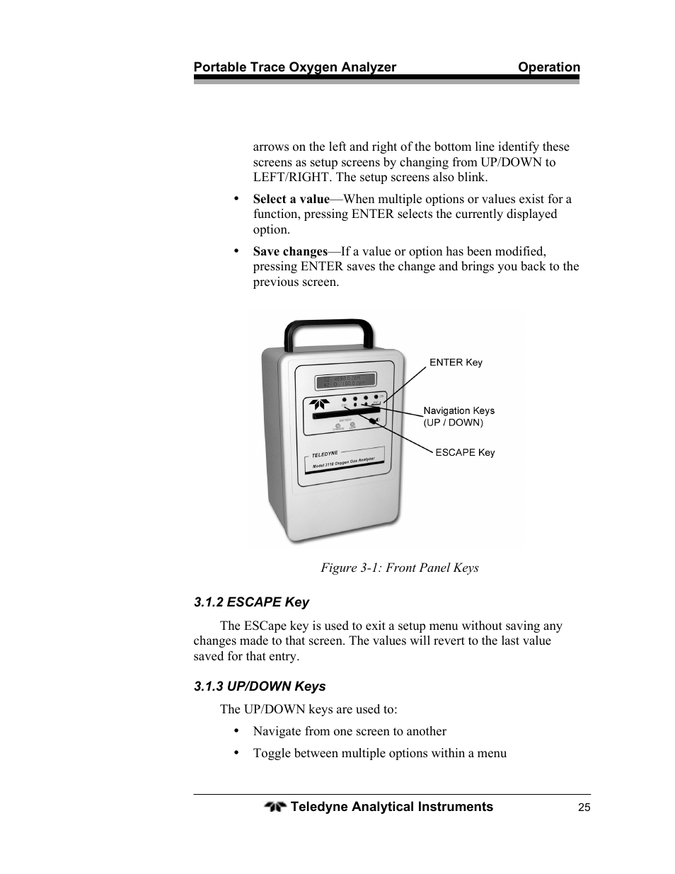 Teledyne 3110 – Portable Trace/Percent Oxygen Analyzer, unapproved version User Manual | Page 25 / 52
