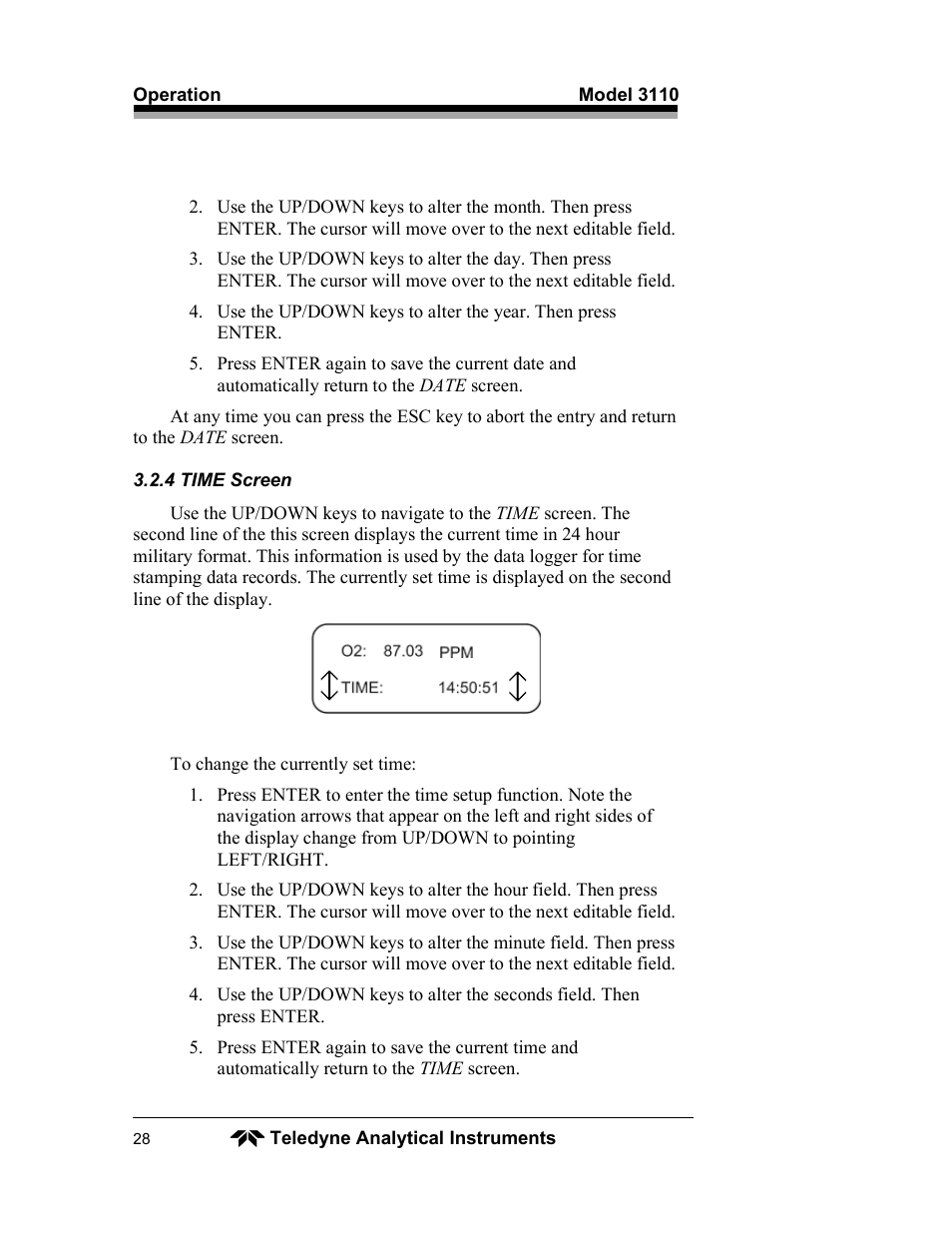 Teledyne 3110 – Portable Trace/Percent Oxygen Analyzer, unapproved version User Manual | Page 28 / 52