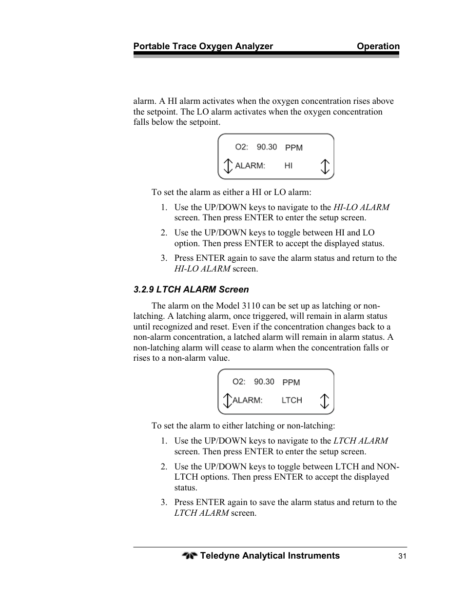 Teledyne 3110 – Portable Trace/Percent Oxygen Analyzer, unapproved version User Manual | Page 31 / 52