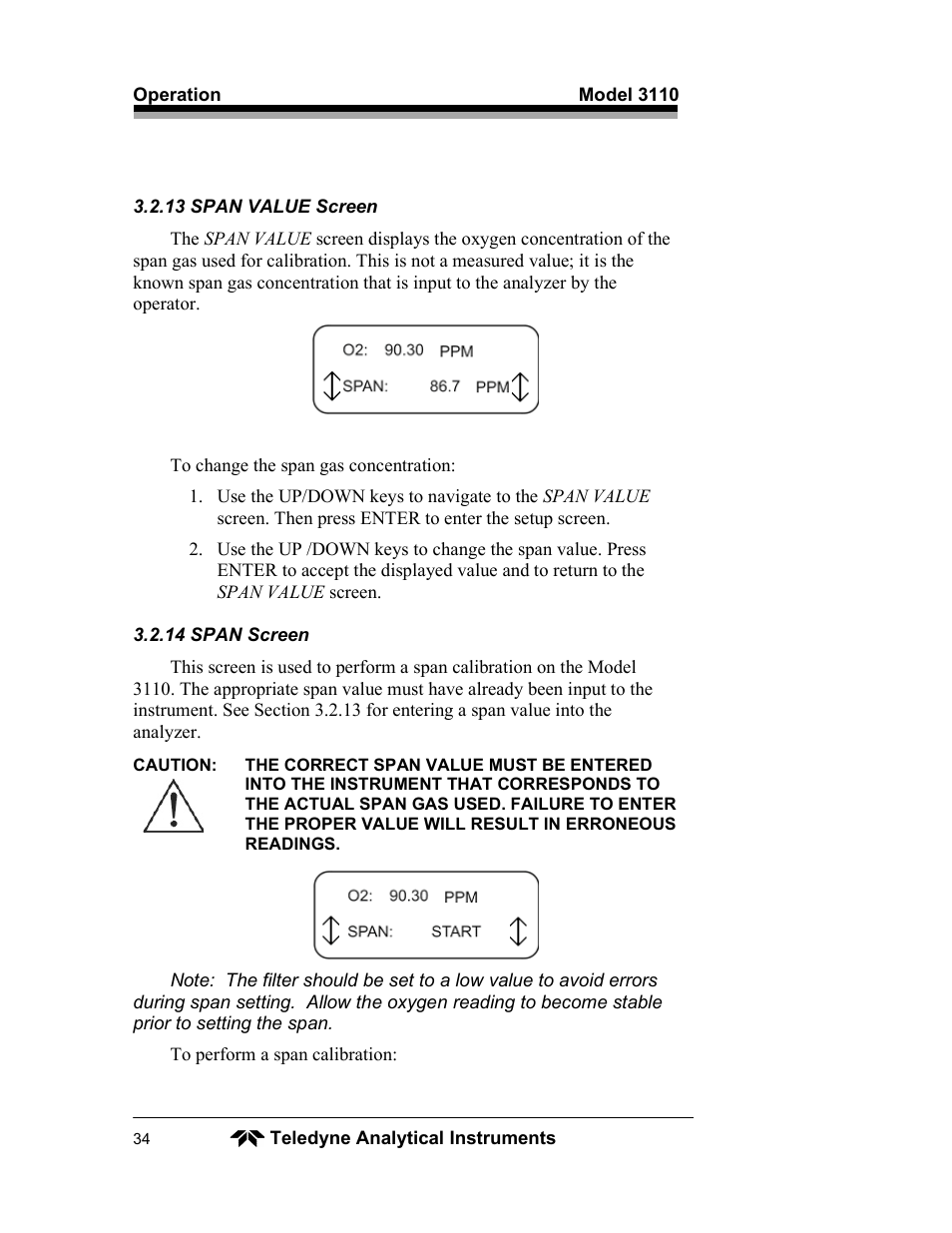 Teledyne 3110 – Portable Trace/Percent Oxygen Analyzer, unapproved version User Manual | Page 34 / 52
