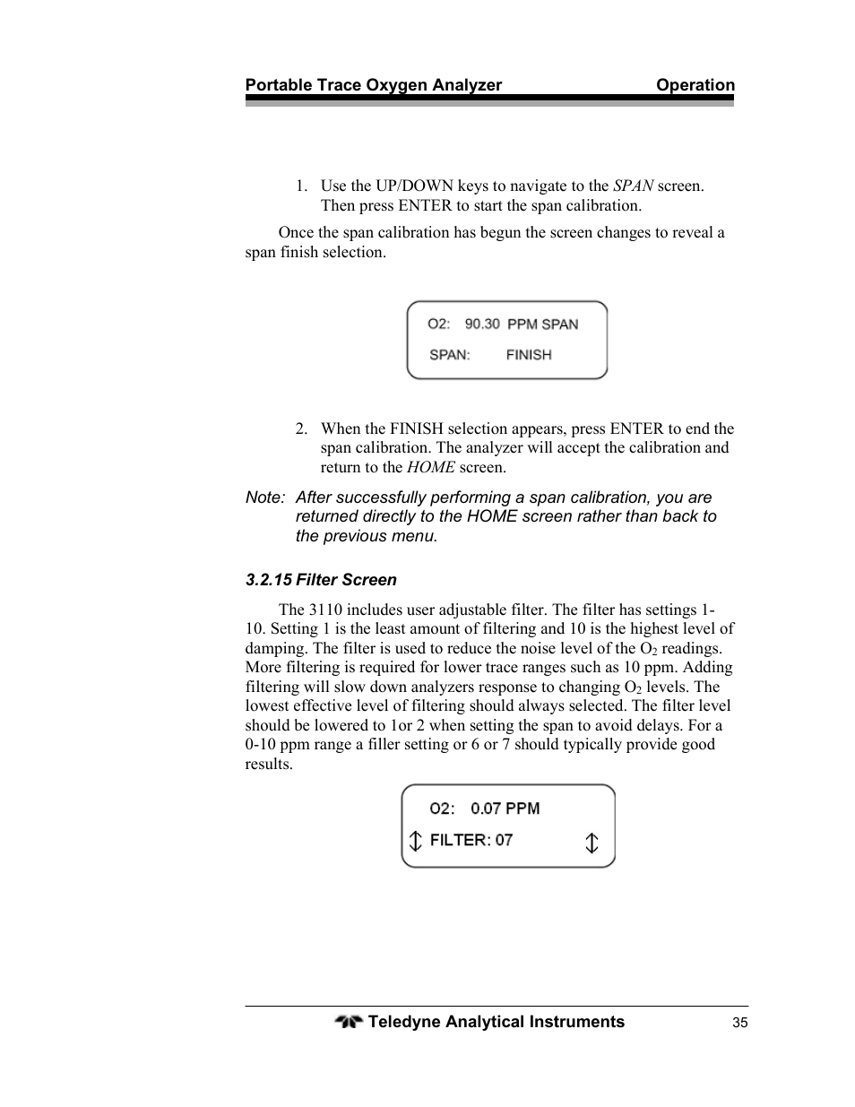Teledyne 3110 – Portable Trace/Percent Oxygen Analyzer, unapproved version User Manual | Page 35 / 52