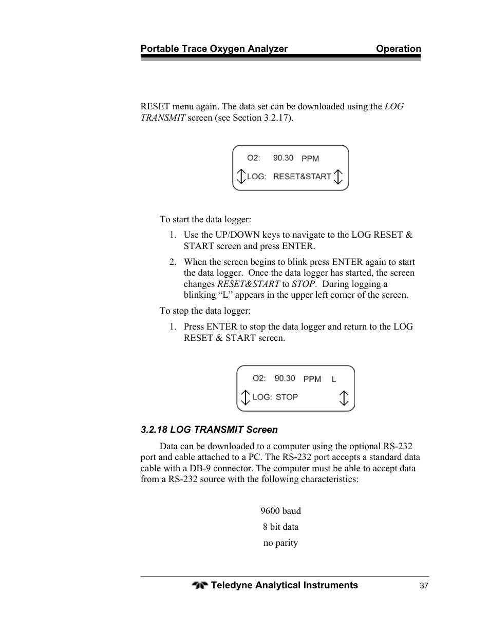 Teledyne 3110 – Portable Trace/Percent Oxygen Analyzer, unapproved version User Manual | Page 37 / 52