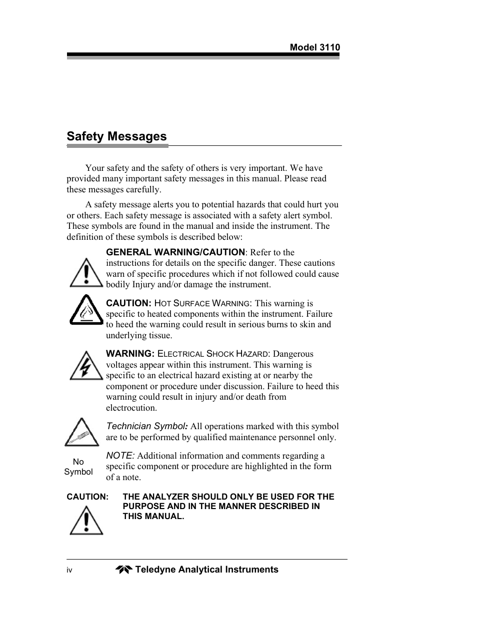 Safety messages | Teledyne 3110 – Portable Trace/Percent Oxygen Analyzer, unapproved version User Manual | Page 4 / 52