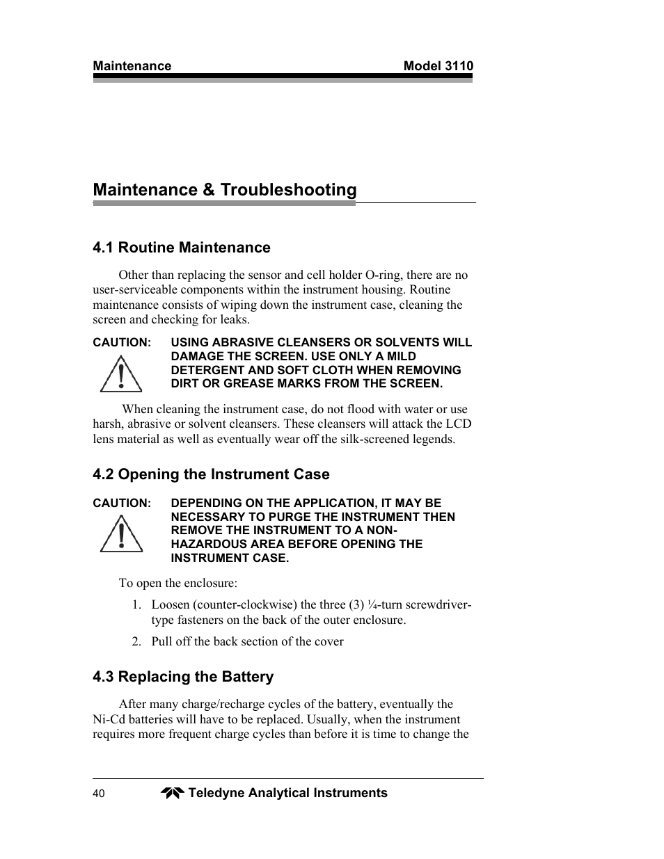 Maintenance & troubleshooting | Teledyne 3110 – Portable Trace/Percent Oxygen Analyzer, unapproved version User Manual | Page 40 / 52