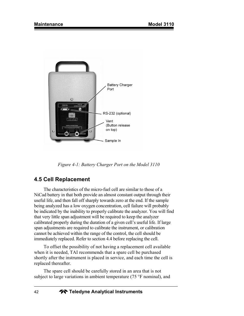 Teledyne 3110 – Portable Trace/Percent Oxygen Analyzer, unapproved version User Manual | Page 42 / 52