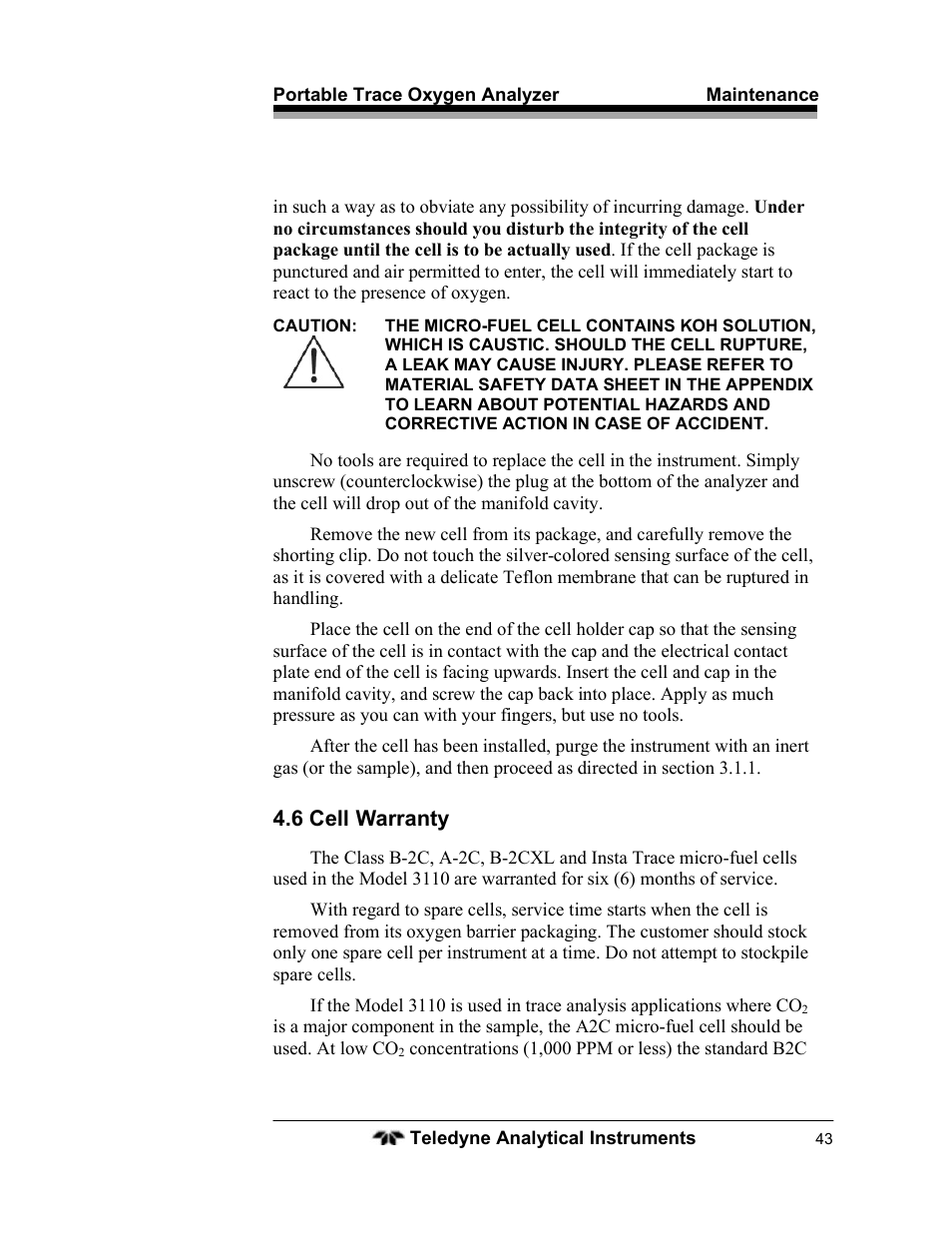 Teledyne 3110 – Portable Trace/Percent Oxygen Analyzer, unapproved version User Manual | Page 43 / 52