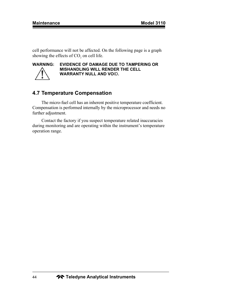 7 temperature compensation | Teledyne 3110 – Portable Trace/Percent Oxygen Analyzer, unapproved version User Manual | Page 44 / 52