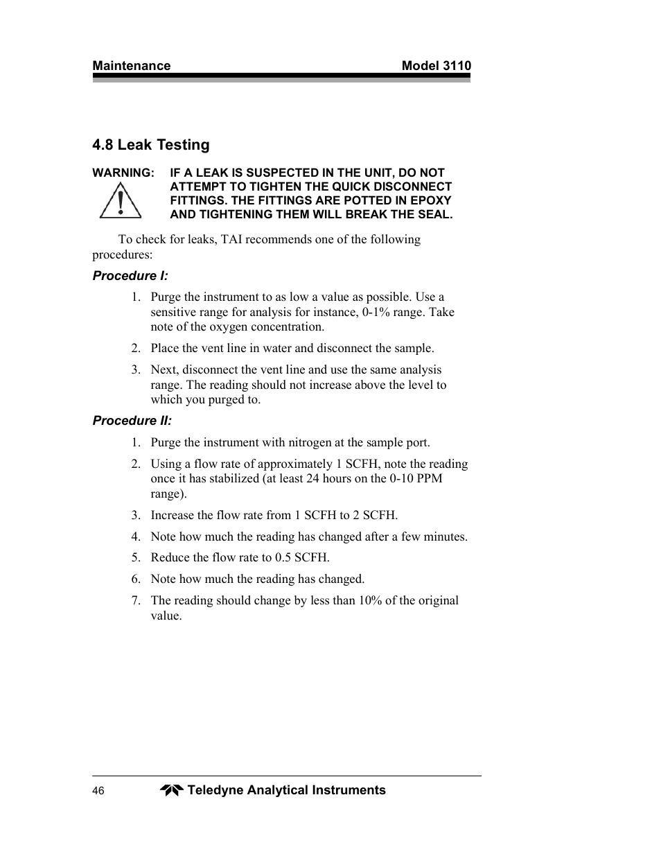 Teledyne 3110 – Portable Trace/Percent Oxygen Analyzer, unapproved version User Manual | Page 46 / 52