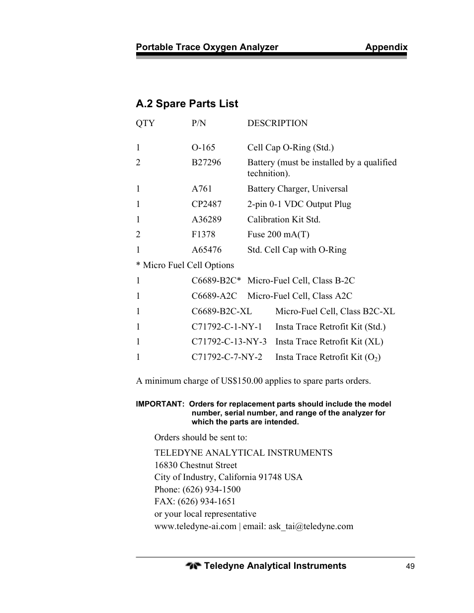 Teledyne 3110 – Portable Trace/Percent Oxygen Analyzer, unapproved version User Manual | Page 49 / 52