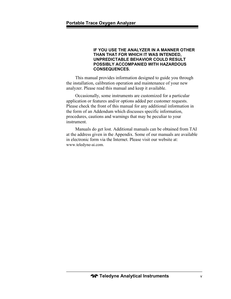 Teledyne 3110 – Portable Trace/Percent Oxygen Analyzer, unapproved version User Manual | Page 5 / 52
