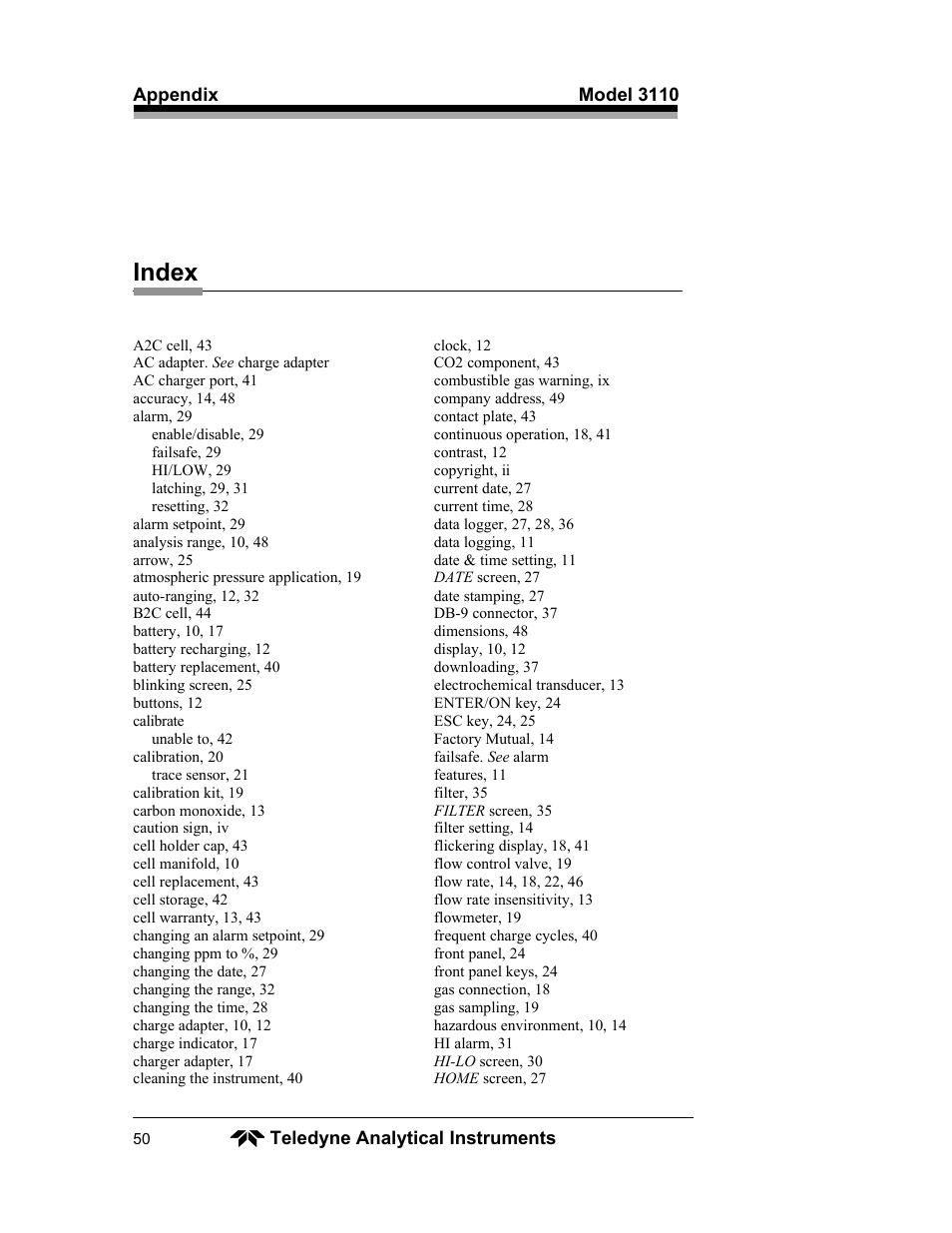 Index | Teledyne 3110 – Portable Trace/Percent Oxygen Analyzer, unapproved version User Manual | Page 50 / 52