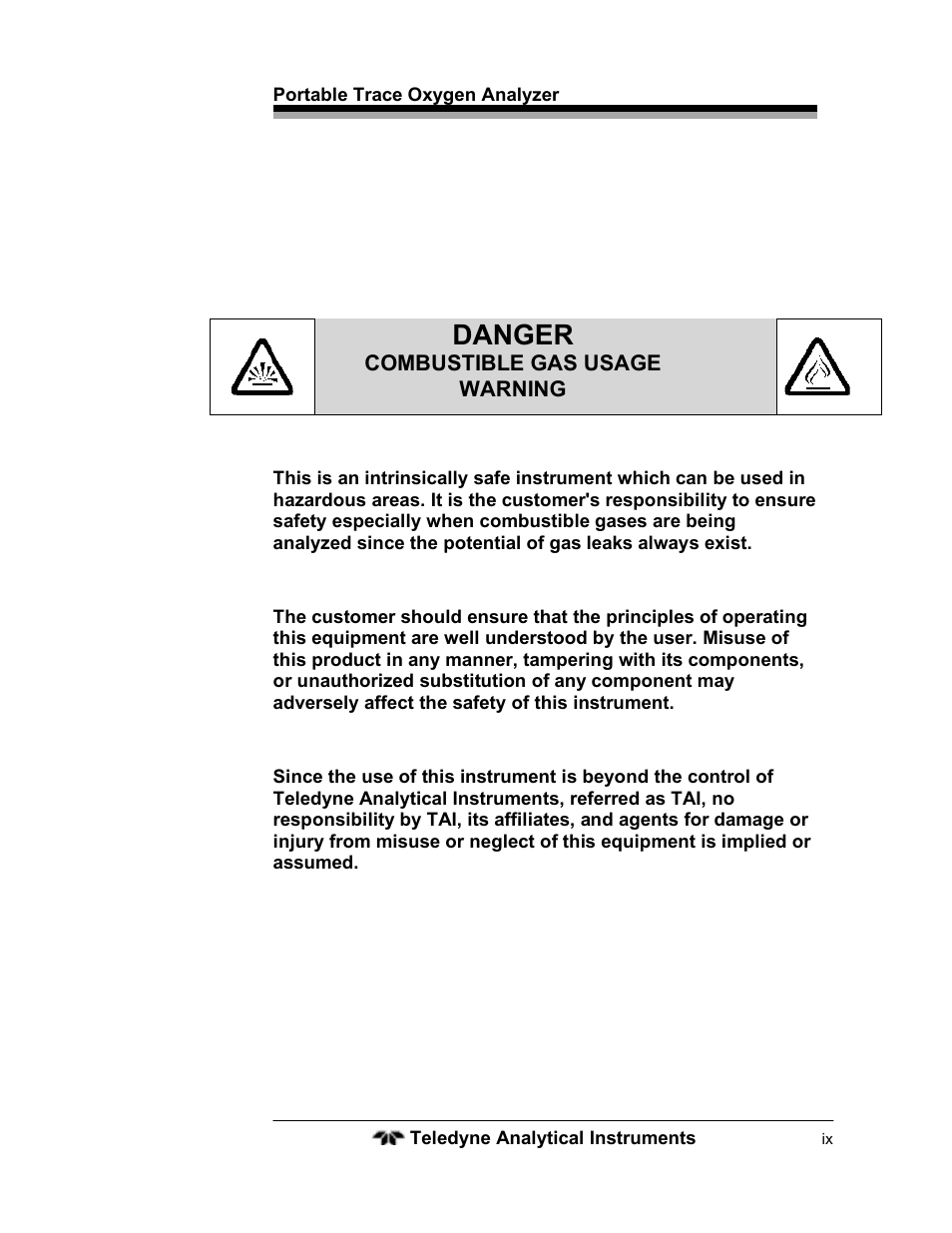 Danger | Teledyne 3110 – Portable Trace/Percent Oxygen Analyzer, unapproved version User Manual | Page 9 / 52