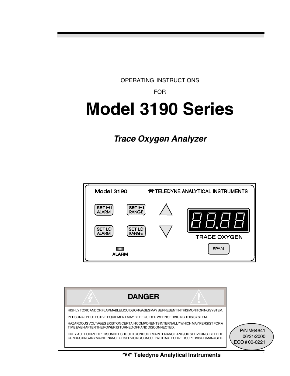 Teledyne 3190 - OEM trace oxygen analyzer User Manual | 42 pages