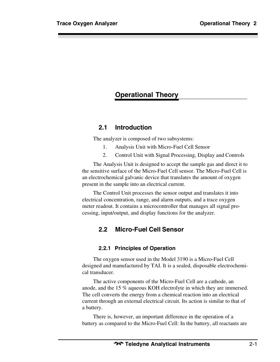 Operational theory | Teledyne 3190 - OEM trace oxygen analyzer User Manual | Page 13 / 42