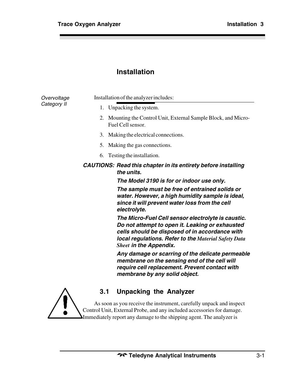 Installation | Teledyne 3190 - OEM trace oxygen analyzer User Manual | Page 19 / 42