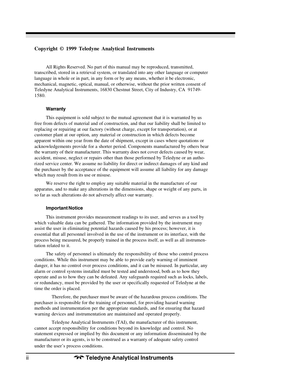 Teledyne 3190 - OEM trace oxygen analyzer User Manual | Page 2 / 42