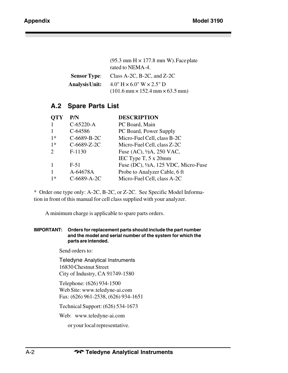 Teledyne 3190 - OEM trace oxygen analyzer User Manual | Page 40 / 42