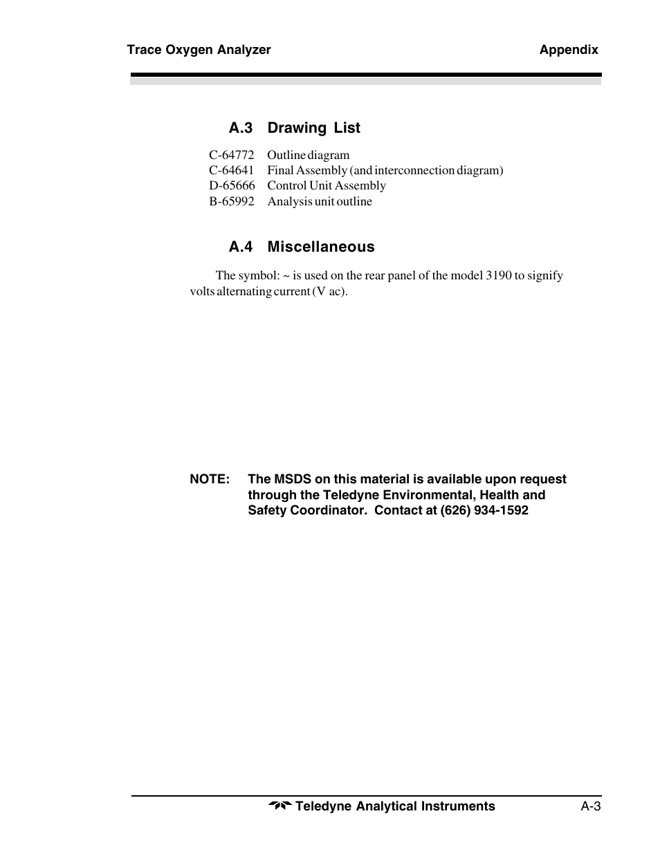 Teledyne 3190 - OEM trace oxygen analyzer User Manual | Page 41 / 42