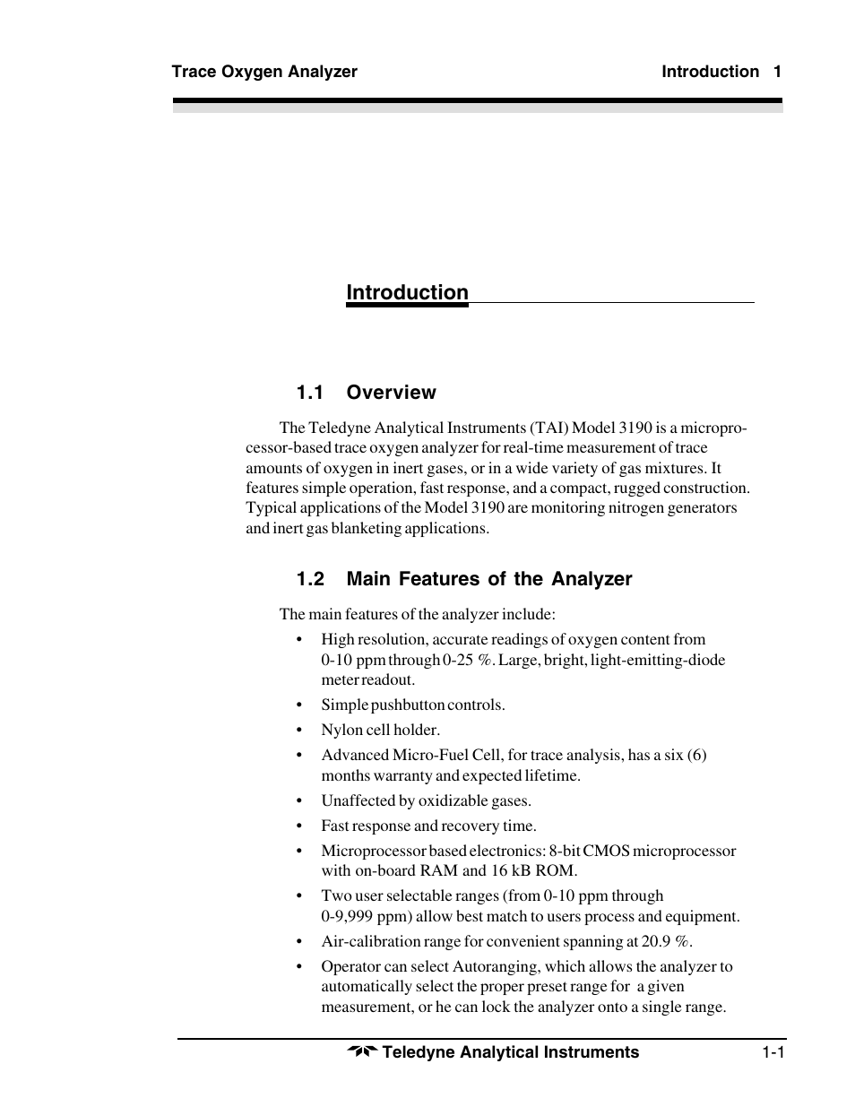 Introduction | Teledyne 3190 - OEM trace oxygen analyzer User Manual | Page 7 / 42