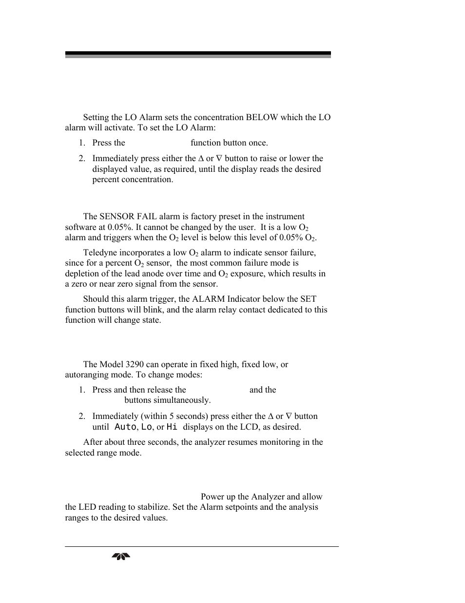 5 selecting a fixed range or autoranging, 6 calibration | Teledyne 3290 - OEM percent oxygen analyzer User Manual | Page 36 / 47