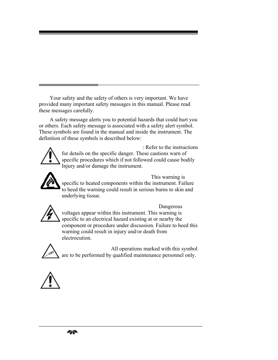 Safety messages | Teledyne 3290 - OEM percent oxygen analyzer User Manual | Page 4 / 47