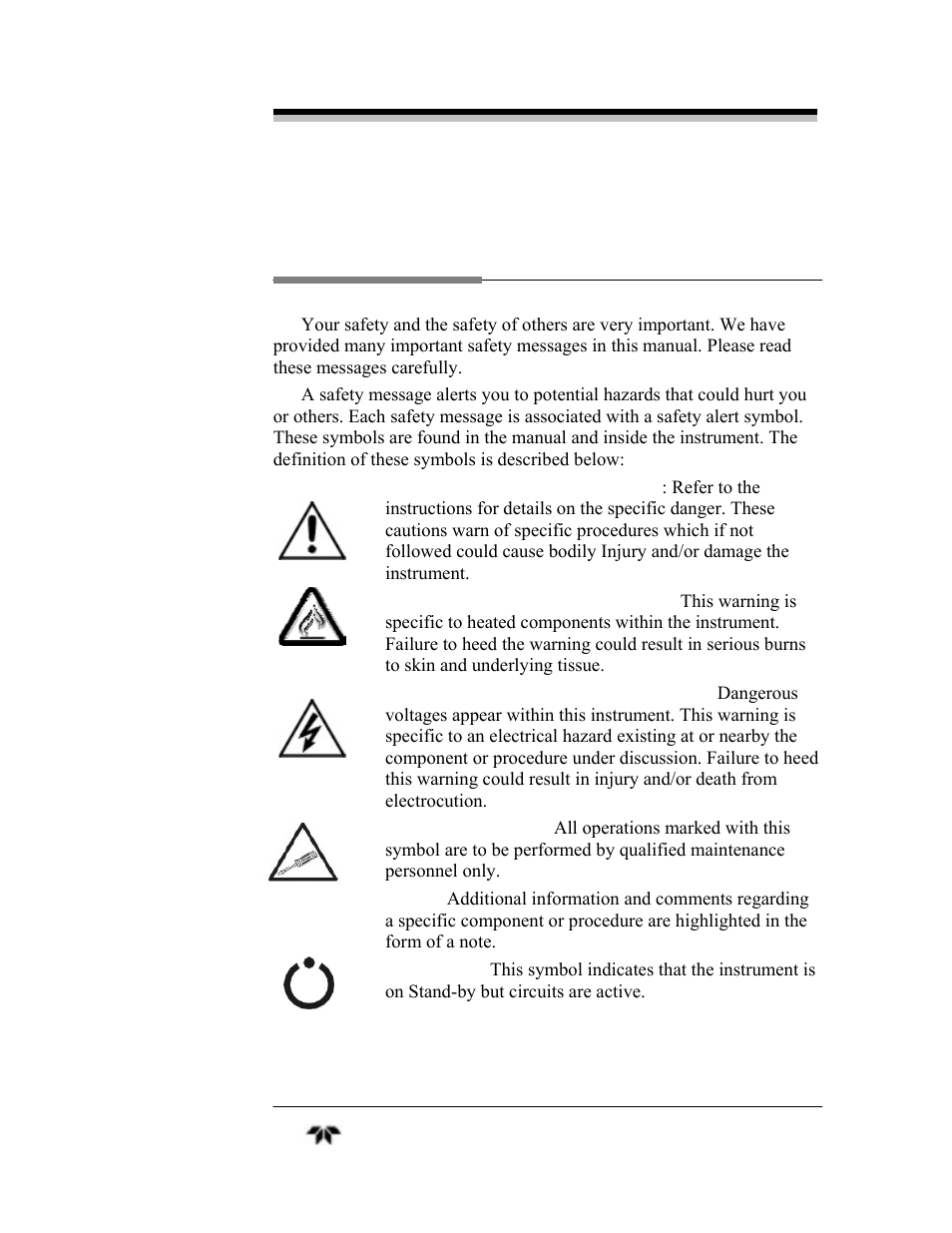 Safety messages | Teledyne 4030 - Total Hydrocarbon gas analyzer User Manual | Page 3 / 56