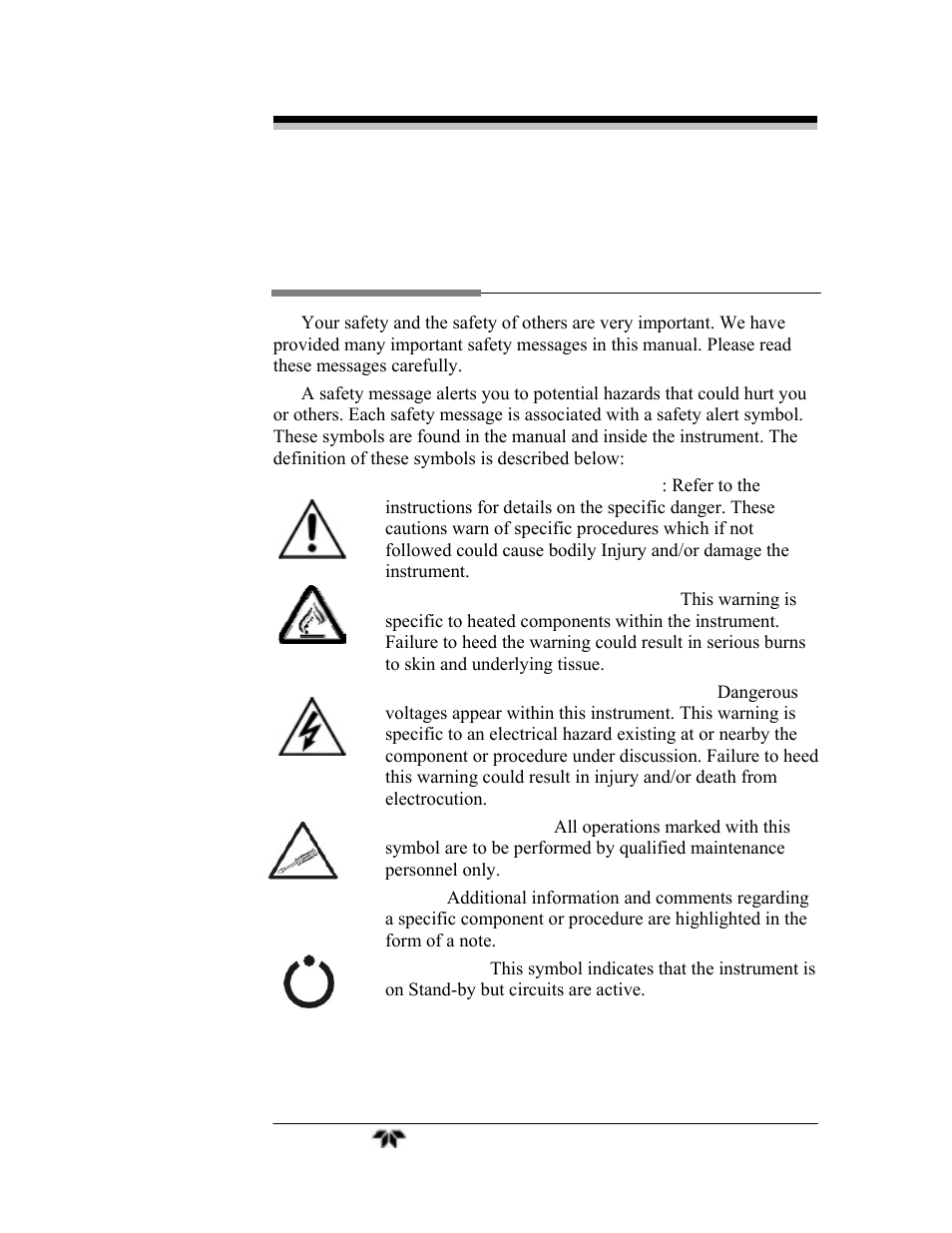 Safety messages | Teledyne 4040 - Methane / Nonmethane analyzer User Manual | Page 3 / 69