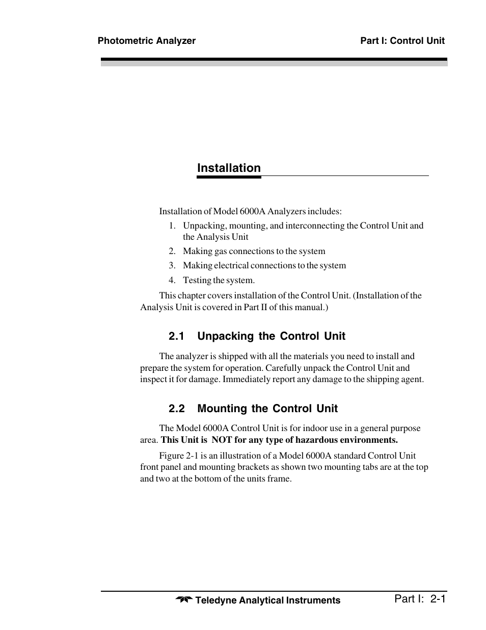 Installation | Teledyne 6000A - Photometric analyzer User Manual | Page 15 / 94