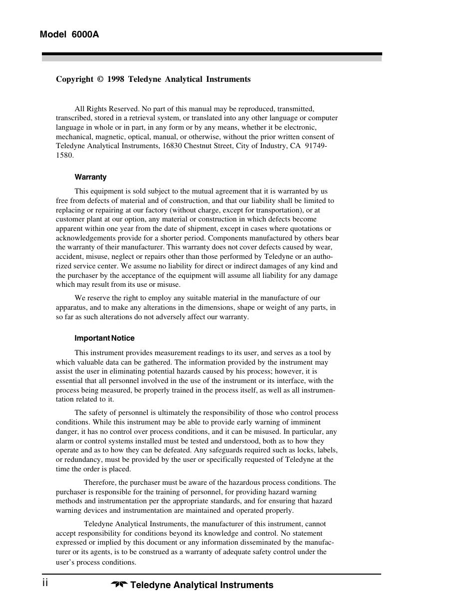 Teledyne 6000A - Photometric analyzer User Manual | Page 2 / 94