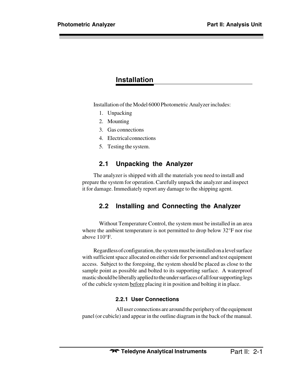 Installation | Teledyne 6000A - Photometric analyzer User Manual | Page 77 / 94