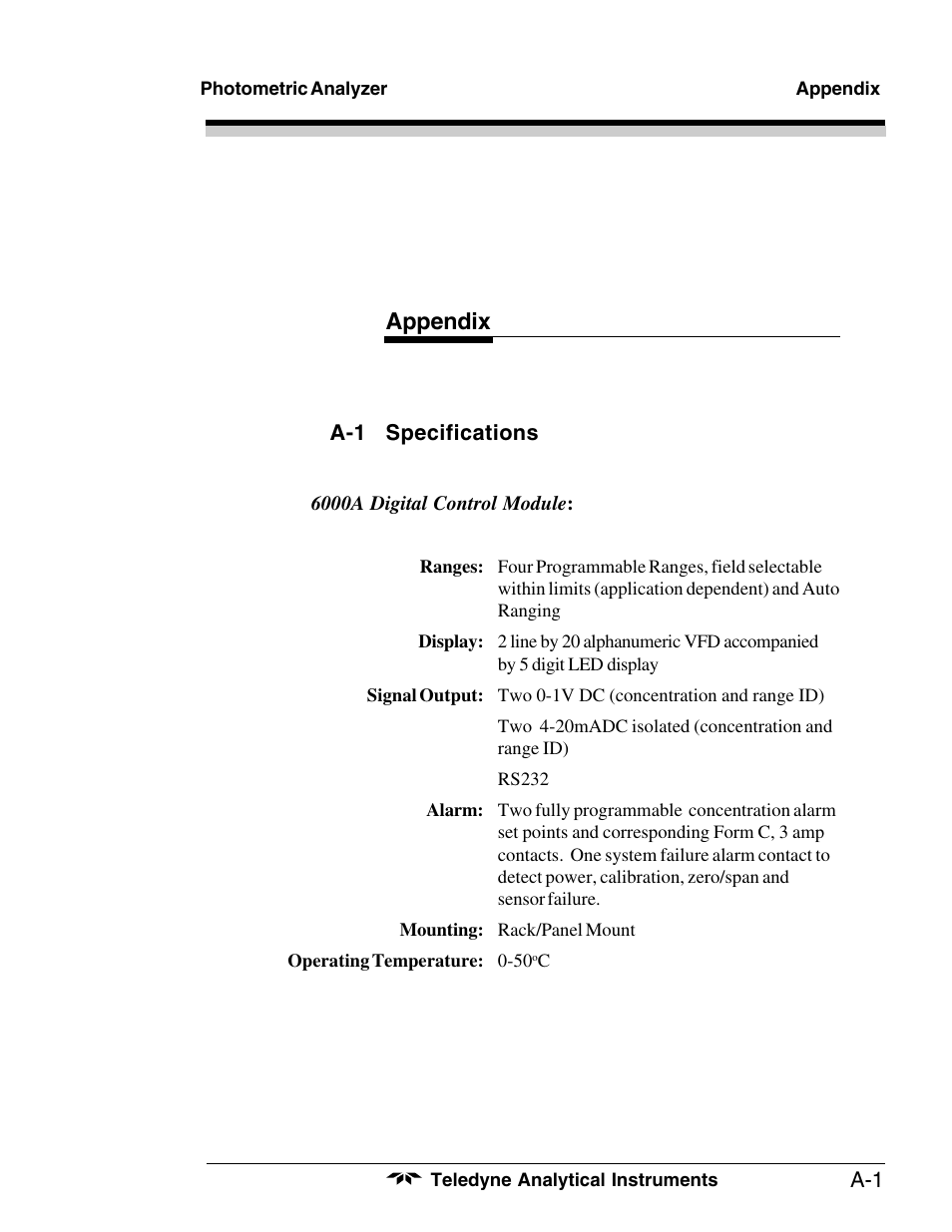 Appendix | Teledyne 6000A - Photometric analyzer User Manual | Page 91 / 94