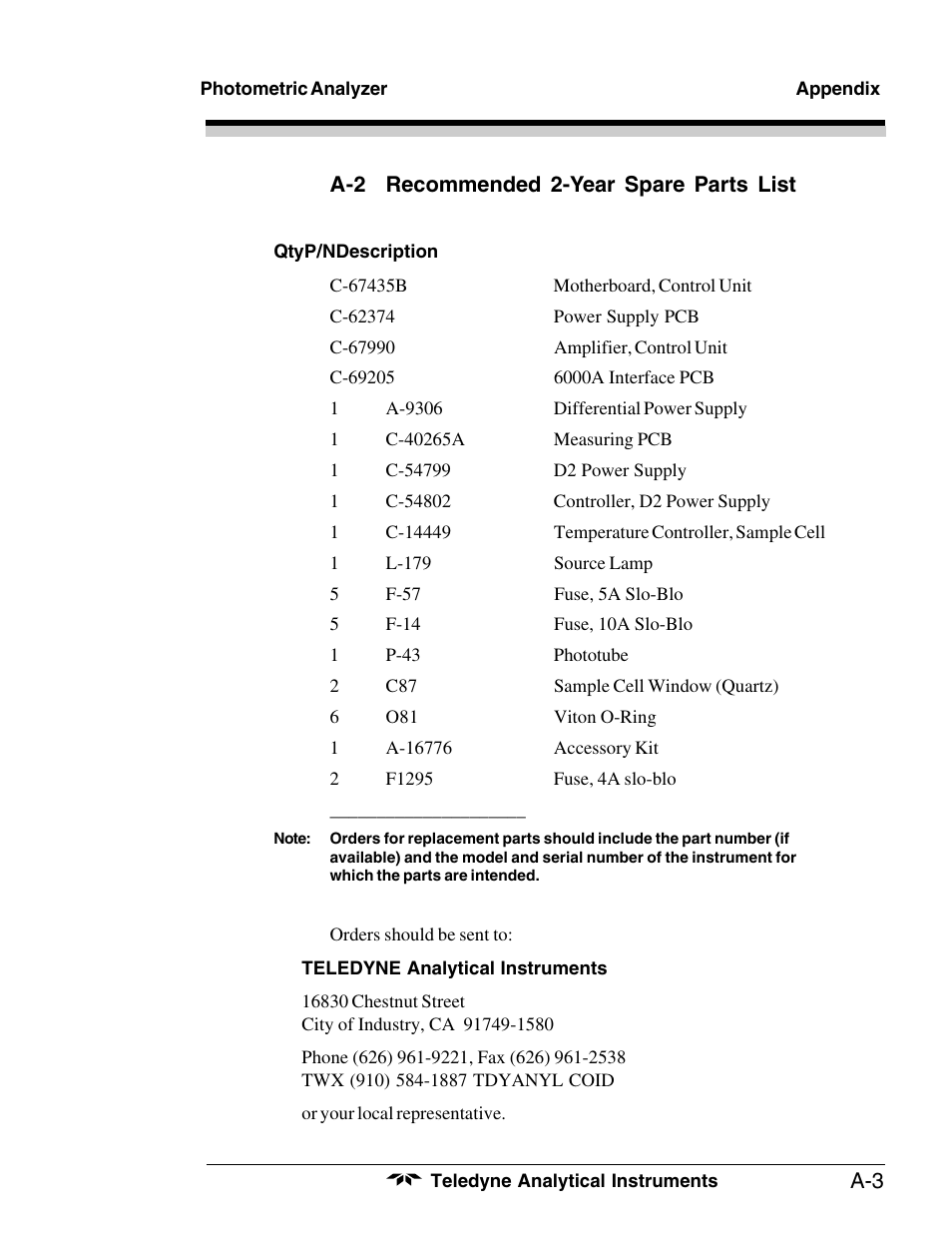 Teledyne 6000A - Photometric analyzer User Manual | Page 93 / 94