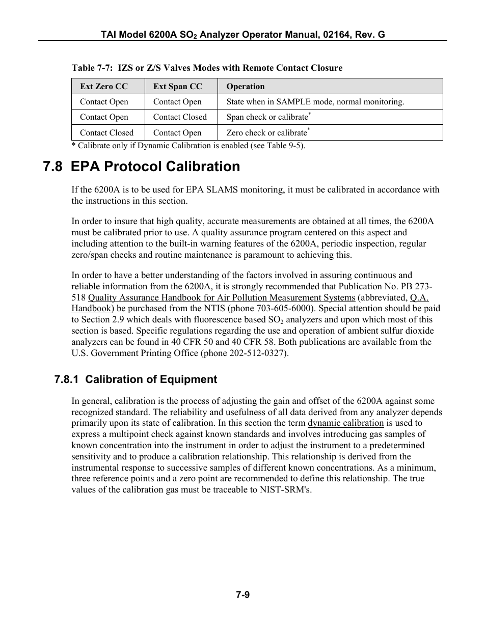 Epa protocol calibration, Calibration of equipment, 8 epa p | Rotocol, Alibration, 1 calibration of equipment -9, Able, 7: izs, Z/s v, Alves | Teledyne 6200A - Sulfides analyzer User Manual | Page 116 / 206