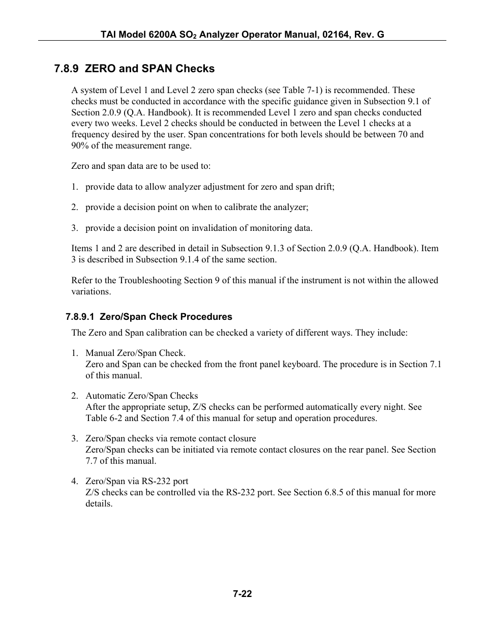 Zero and span checks, Zero/span check procedures, 9 zero and span checks -22 | Teledyne 6200A - Sulfides analyzer User Manual | Page 129 / 206