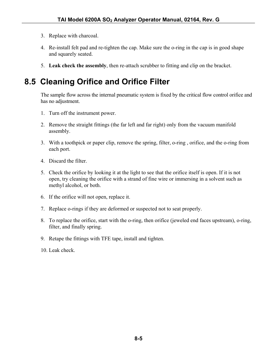 Cleaning orifice and orifice filter, Leaning, Rifice and | Rifice, Ilter, 5 cleaning orifice and orifice filter | Teledyne 6200A - Sulfides analyzer User Manual | Page 138 / 206