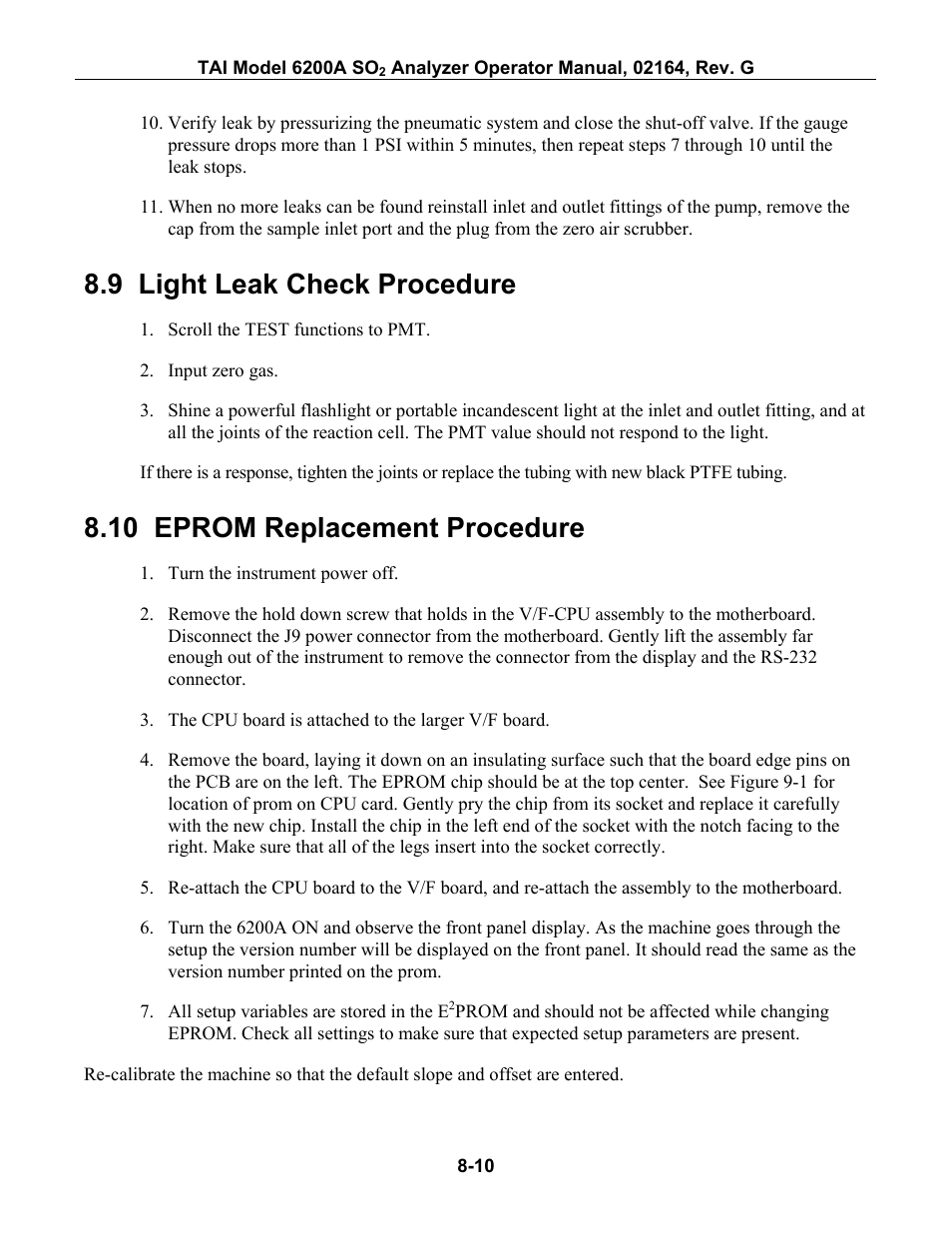 Light leak check procedure, Eprom replacement procedure, Ight | Heck, Rocedure, 10 eprom r, Eplacement, 9 light leak check procedure, 10 eprom replacement procedure | Teledyne 6200A - Sulfides analyzer User Manual | Page 143 / 206
