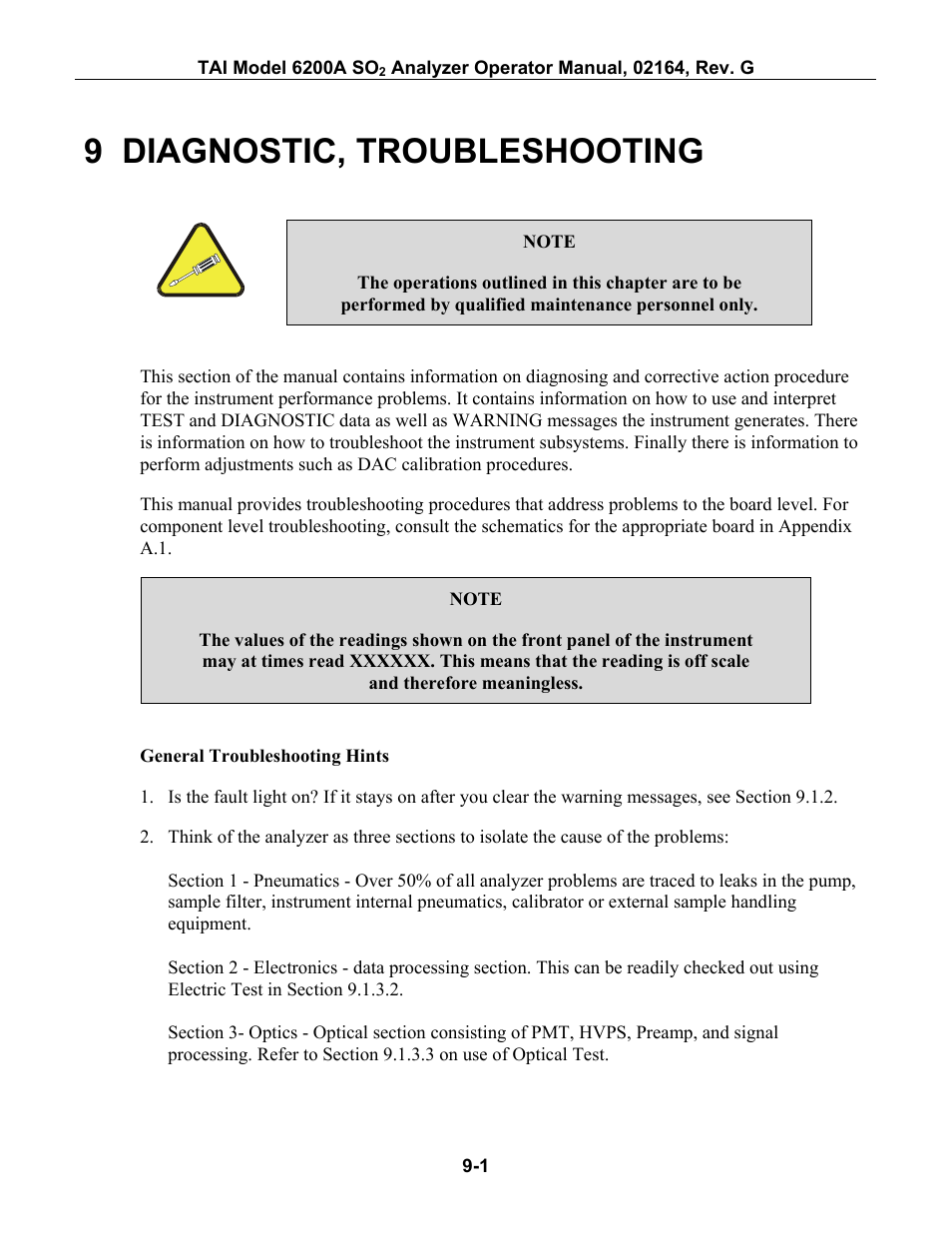 Diagnostic, troubleshooting, 9 diagnostic, troubleshooting -1, Troubleshooting section 9 | Refer to the troubleshooting section 9 of this m, 9 diagnostic, troubleshooting | Teledyne 6200A - Sulfides analyzer User Manual | Page 144 / 206