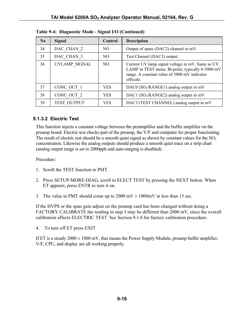 Electric test, Electric test in section 9.1.3.2, Conjunction with optic test, see section 9.1.3.2 | Teledyne 6200A - Sulfides analyzer User Manual | Page 159 / 206