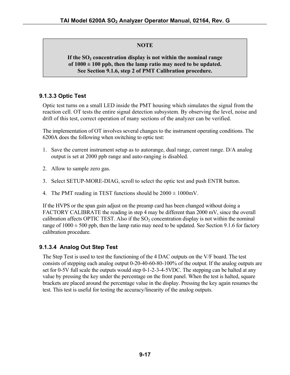 Optic test, Analog out step test, Nt signal path. see section 9.1.3.3 for | Teledyne 6200A - Sulfides analyzer User Manual | Page 160 / 206