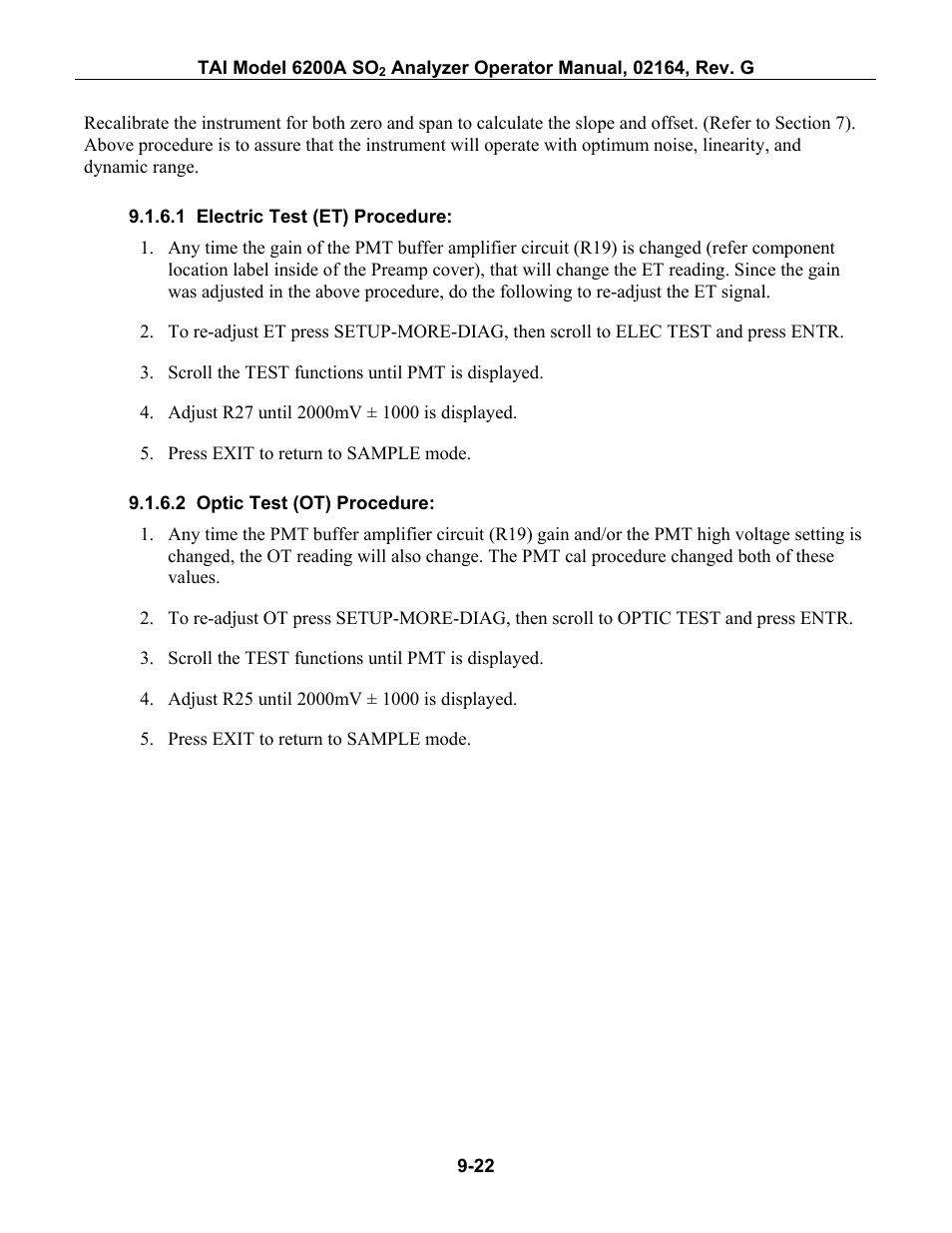 Electric test (et) procedure, Optic test (ot) procedure | Teledyne 6200A - Sulfides analyzer User Manual | Page 165 / 206