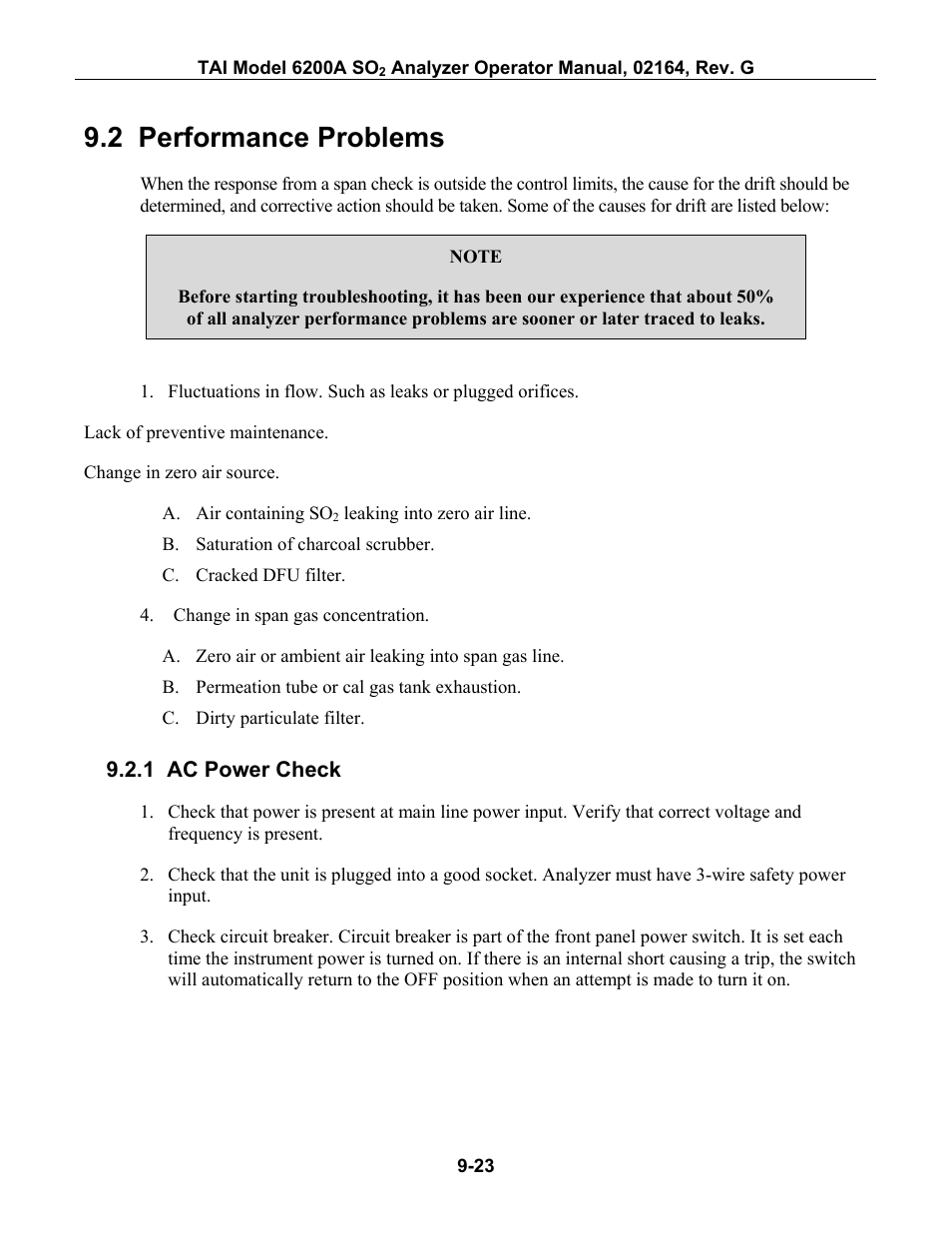 Performance problems, Ac power check, Erformance | Roblems, 1 ac power check -23, 2 performance problems | Teledyne 6200A - Sulfides analyzer User Manual | Page 166 / 206