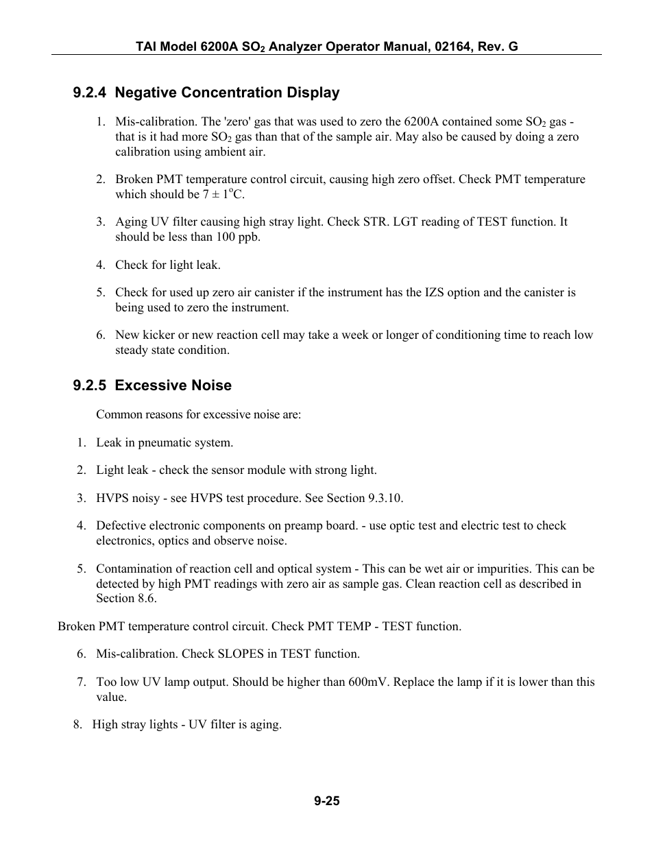 Negative concentration display, Excessive noise, 4 negative concentration display | 5 excessive noise | Teledyne 6200A - Sulfides analyzer User Manual | Page 168 / 206