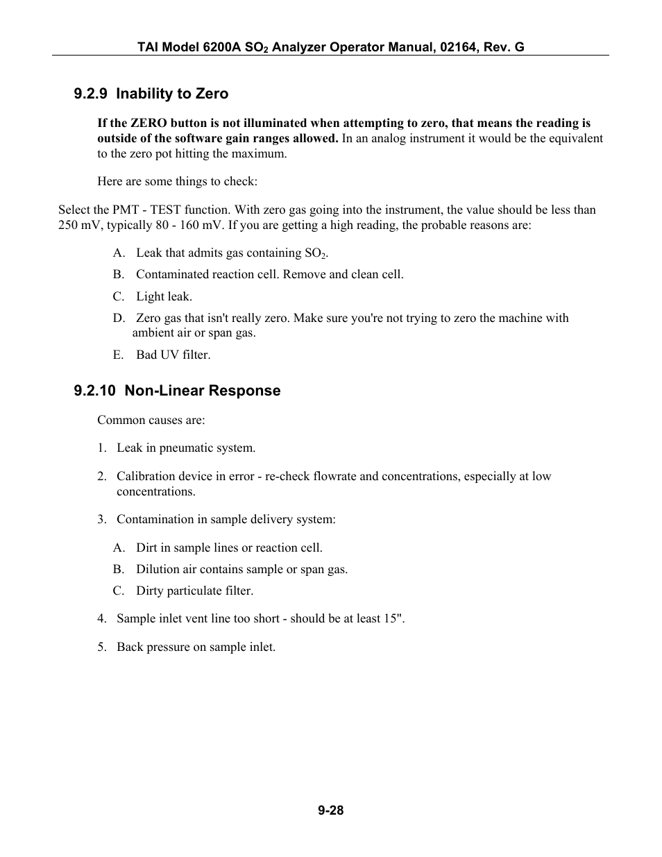 Inability to zero, Non-linear response, On as expected, check section 9.2.9 | Teledyne 6200A - Sulfides analyzer User Manual | Page 171 / 206